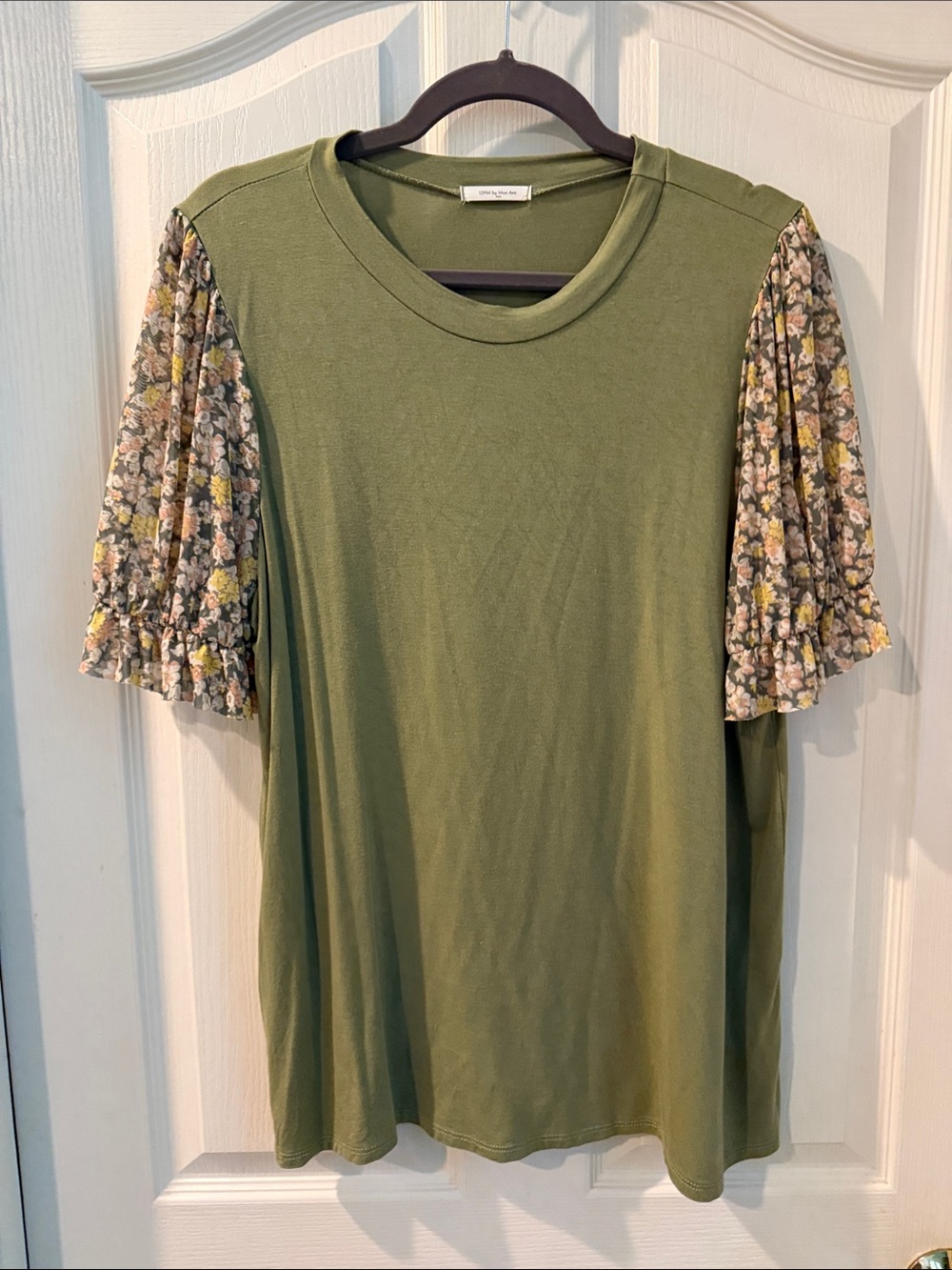 12 Pm By Mon Ami Olive Green Tee with Floral Puff Sleeves